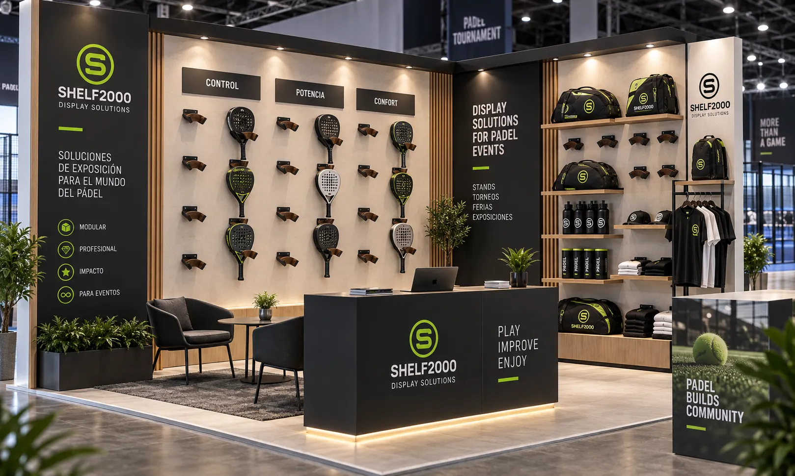 Equipamiento para stands y exposiciones de palas de pádel en ferias y eventos